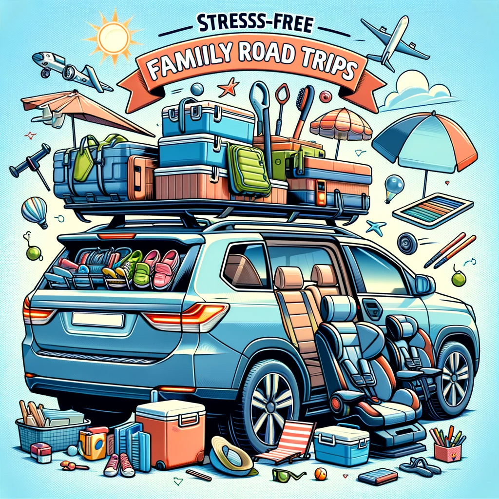 Interior of a family car equipped for a road trip, showing adjustable backseat organizers, portable coolers, and kids' travel trays. 'Stress-Free Family Road Trips' text overlay.